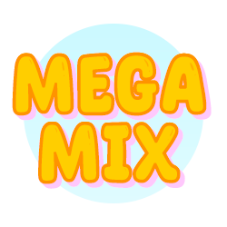 mega mix baloon text on blue background
